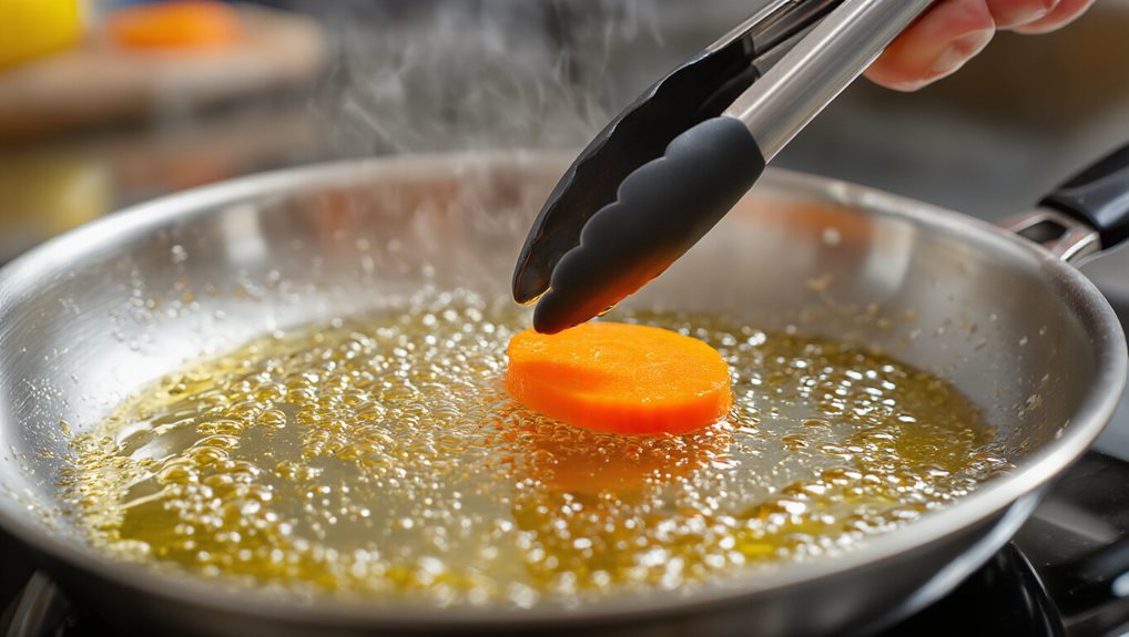 gently lower food with tongs